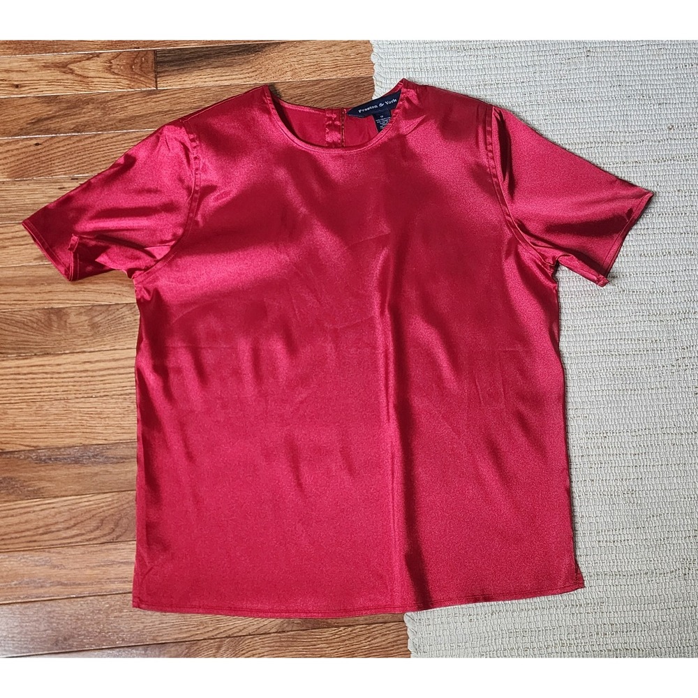 Preston & York Red Satin Short Sleeve Tee Top Shoulder‎ Pads Office Preppy 12